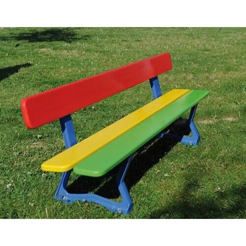 Kindersitzbank, Sitzbank, 270 x 1.500 mm (HxB), Tropenholz mehrfarbig, Stahlguss verzinkt, beschichtet in enzianblau, auf Bodenplatten