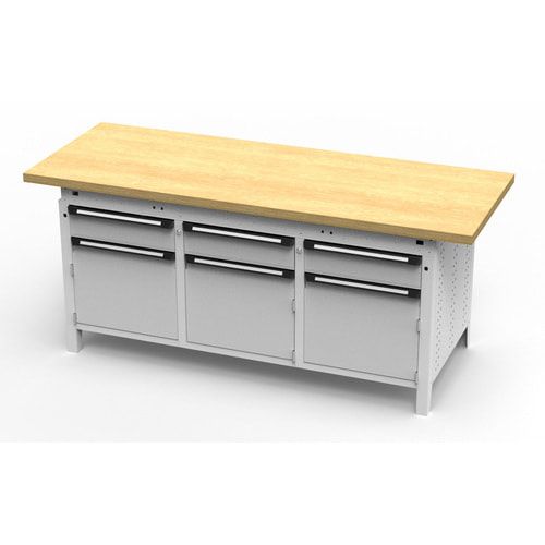OTTOKIND Werkbank - bündige Arbeitsplatte - 850 x 1.695 x 750 mm (HxBxT) - 3 Schubladen - 3 Schränke - lichtgrau
