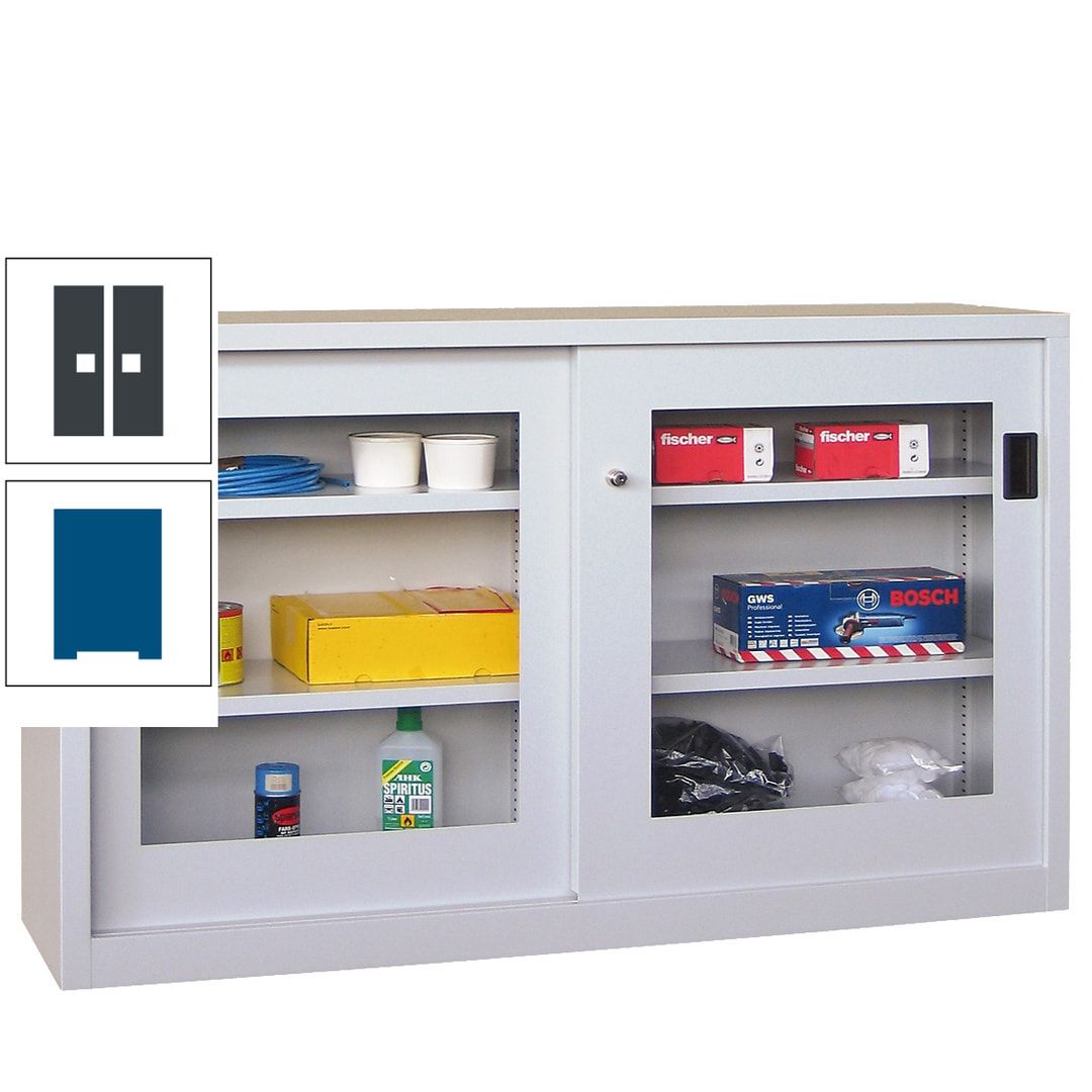 Schiebetürenschrank - Sichtfenstertüren - 1.000x1.500x600 mm (HxBxT) - 4 Böden, verzinkt - Zylinderschloss - anthrazitgrau