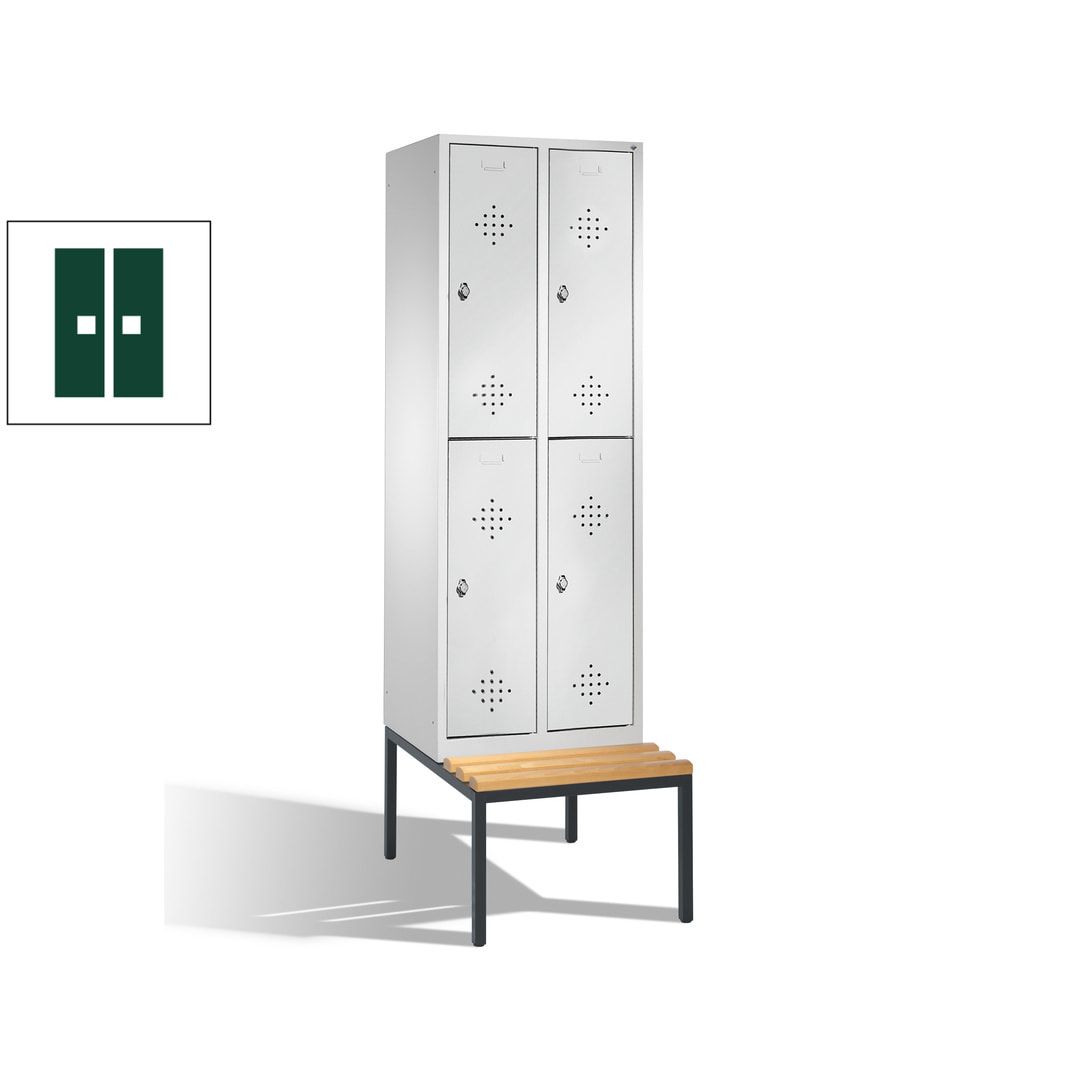 Garderobenschrank, Spind, 2 Abteile, 4 Fächer, 2.090 x 610 x 815 mm (HxBxT), Hartholz Sitzbank untergebaut, Korpus weißaluminium, Türen anthrazitgrau