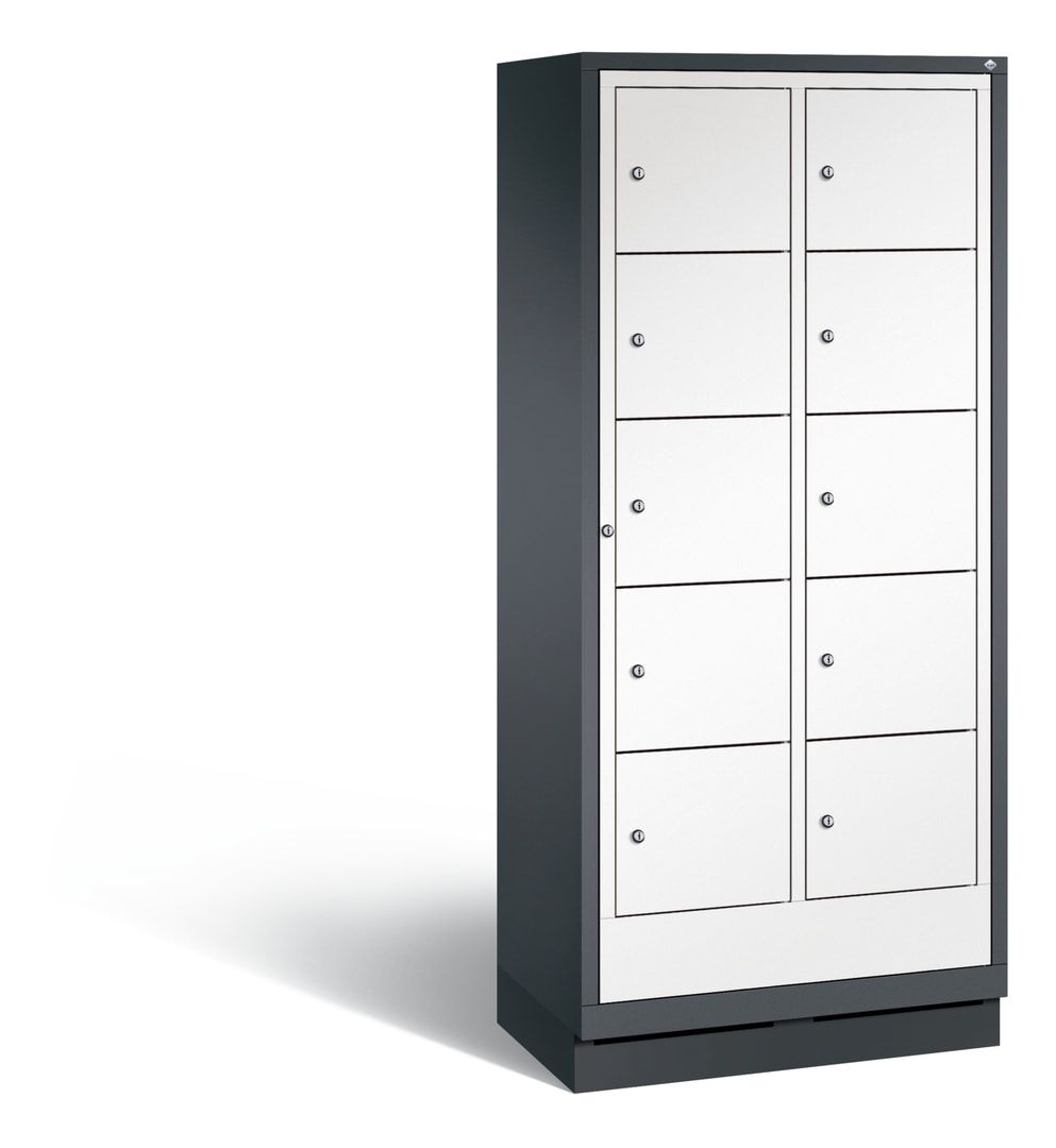 Wäscheschrank, Ausgabeschrank, Fächerschrank, Zentraltür, Sockel, 10 Fächer, Korpus Pastellgelb, Tür anthrazitgrau, 1.800 x 810 x 500 mm (HxBxT)