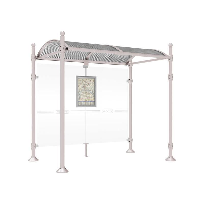 Buswartehalle, Unterstand, 2.500 x 2.500 x 1.600 mm (HxBxT), Kopfmodell Agora, ESG, Fahrplanschaukasten, Farbe enzianblau