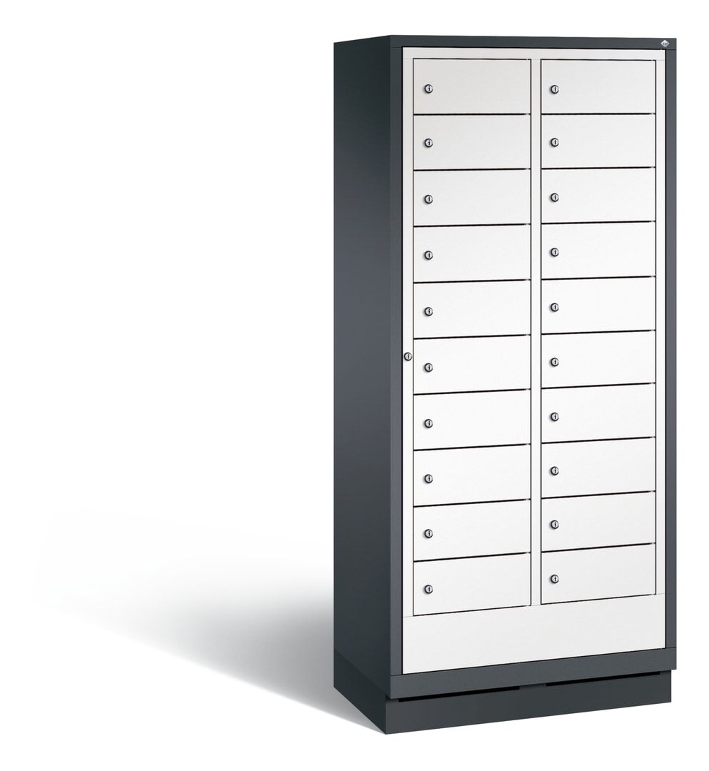 Wäscheschrank, Ausgabeschrank, Fächerschrank, Zentraltür, Sockel, 20 Fächer, Korpus Pastellgelb, Tür anthrazitgrau, 1.800 x 810 x 500 mm (HxBxT)