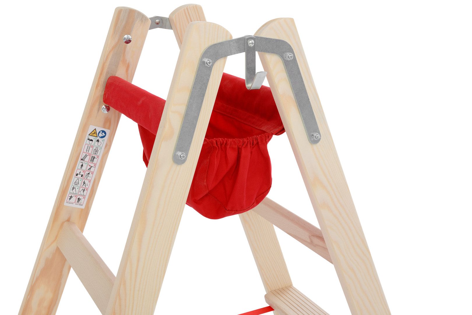 Holz-Stufenstehleiter, beidseitig begehbar, Textiltasche, Eimerhaken, Perlongurte, 1.240 x 473 mm (LxB), 2 x 4 Stufen, 8 kg, Stufentiefe 80 mm, Hymer
