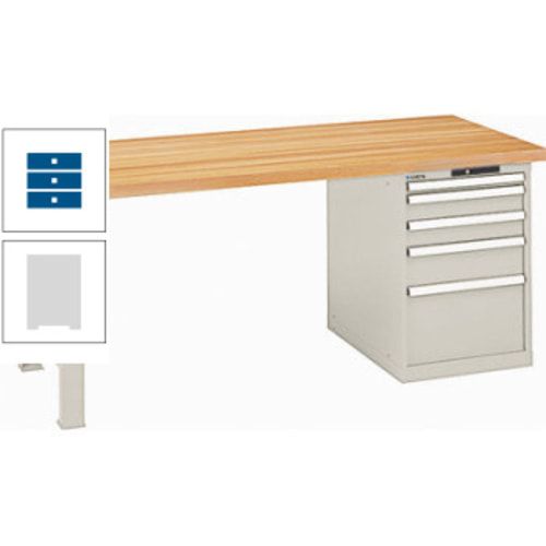 Werkbank, Buchenplatte - Code Lock - Tragkraft 1.000 kg - 850 x 2.000 x 800 mm (HxBxT) - 5 Schubladen - Capriblau