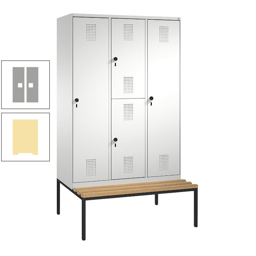 Garderobenschrank, Spind ein- und doppelstöckig Sitzbank, 3 Abteile, 4 Fächer, 2.090x1.200x500 mm (HxBxT), Front anthrazitgrau, Korpus anthrazitgrau