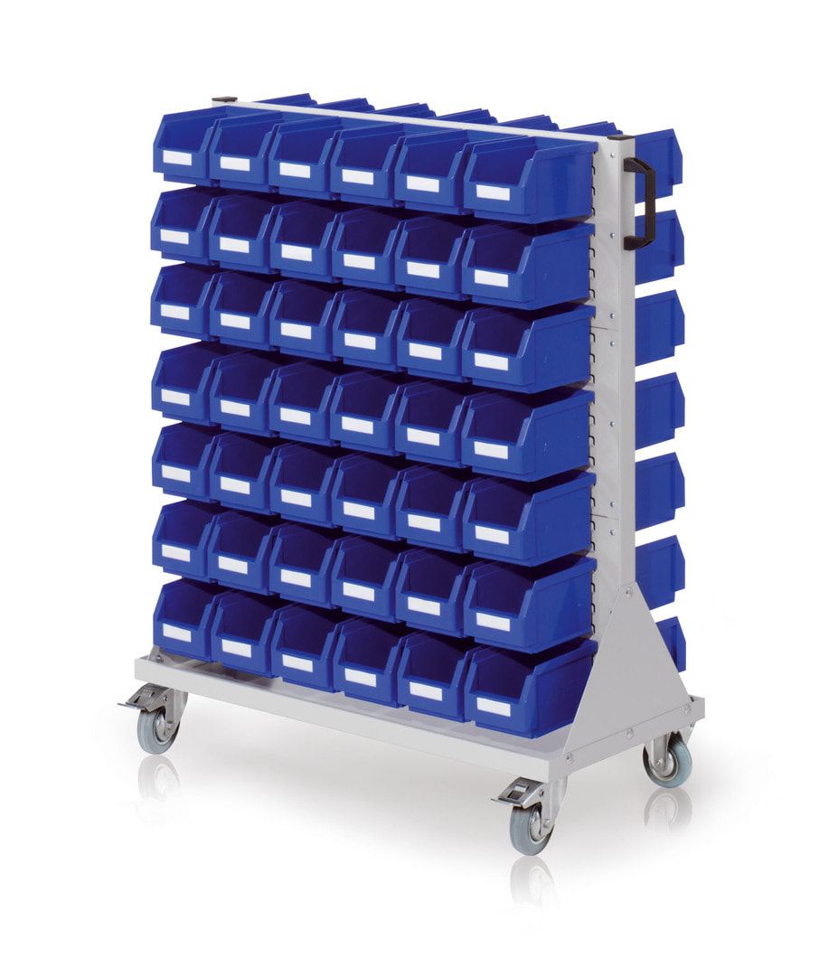 Mobile Stellwand - Schlitzwand für Sichtlagerkästen - beidseitig - mit 140 Kästen bestückt - 1.230 x 1.000 x 500 mm (HxBxT)