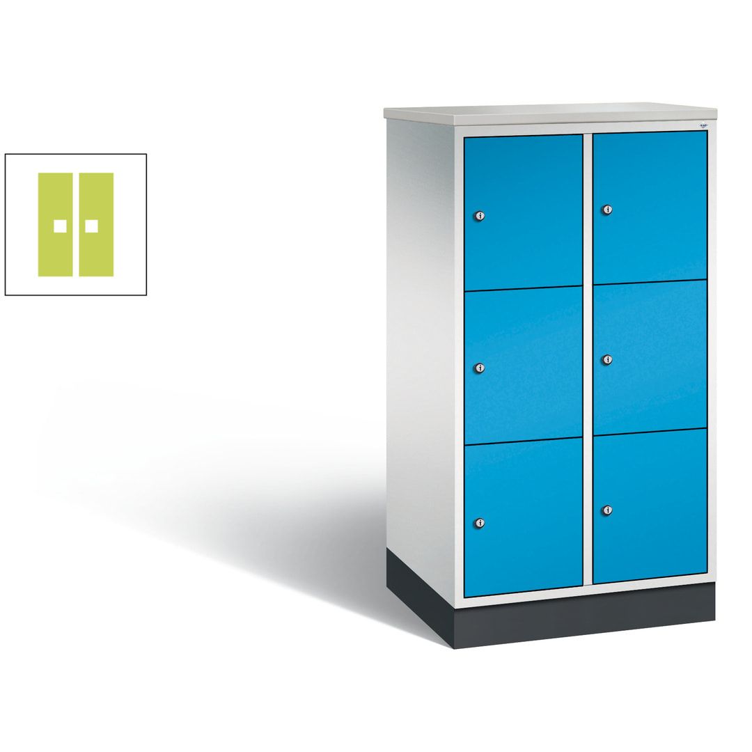 Schließfachschrank, Fächerschrank, 2 Abteile, 6 Fächer, Zylinderschloss, 1.250 x 620 x 500 mm (HxBxT), Korpus Fernblau, Tür anthrazitgrau