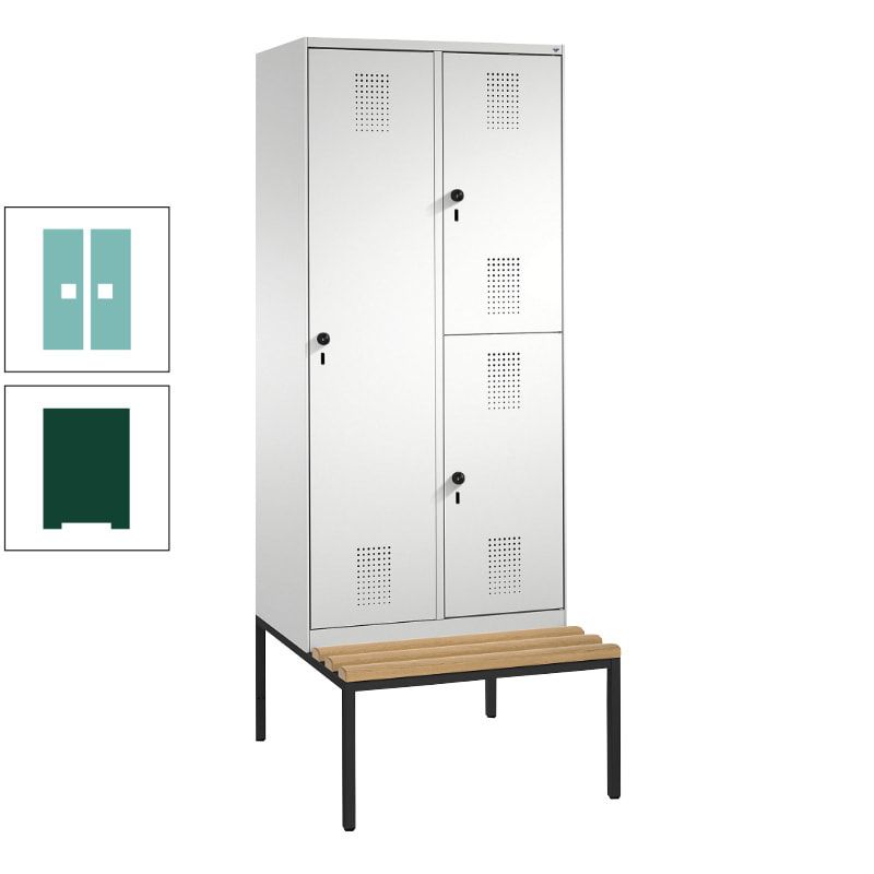 Garderobenschrank, Spind ein- und doppelstöckig Sitzbank, 2 Abteile, 3 Fächer, 2.090 x 800 x 500 mm (HxBxT), Front anthrazitgrau, Korpus anthrazitgrau