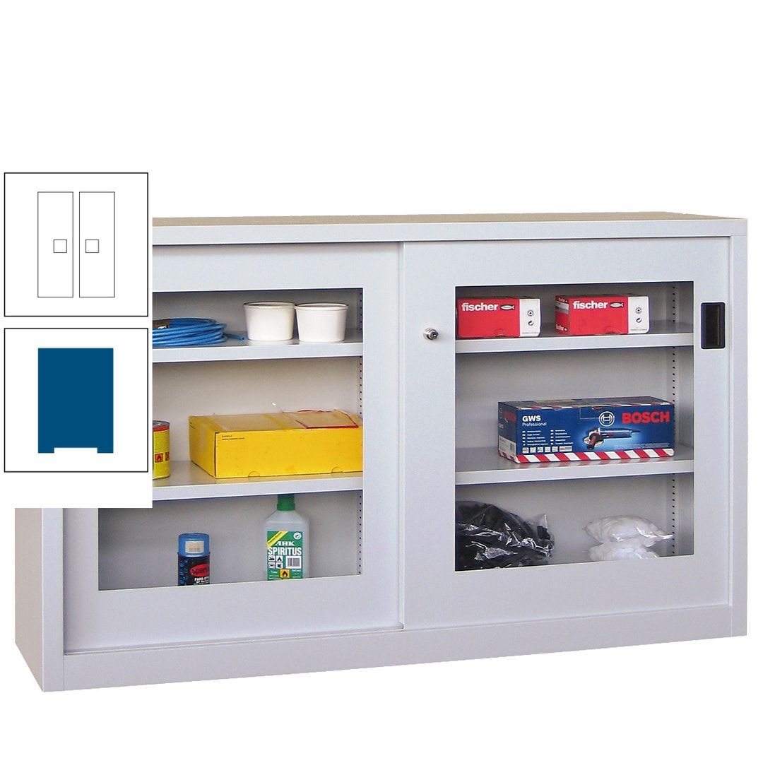 Schiebetürenschrank - Sichtfenstertüren - 1.000x1.500x600 mm (HxBxT) - 4 Böden, verzinkt - Zylinderschloss - anthrazitgrau