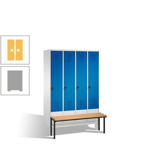 Stahl-Garderobenschrank, Spind, Buche Sitzbank vorgebaut, 4 Abteile a 300 mm, Korpus Lichtgrün, Tür Schwefelgelb, 1.850 x 1.200 x 815 mm (HxBxT)