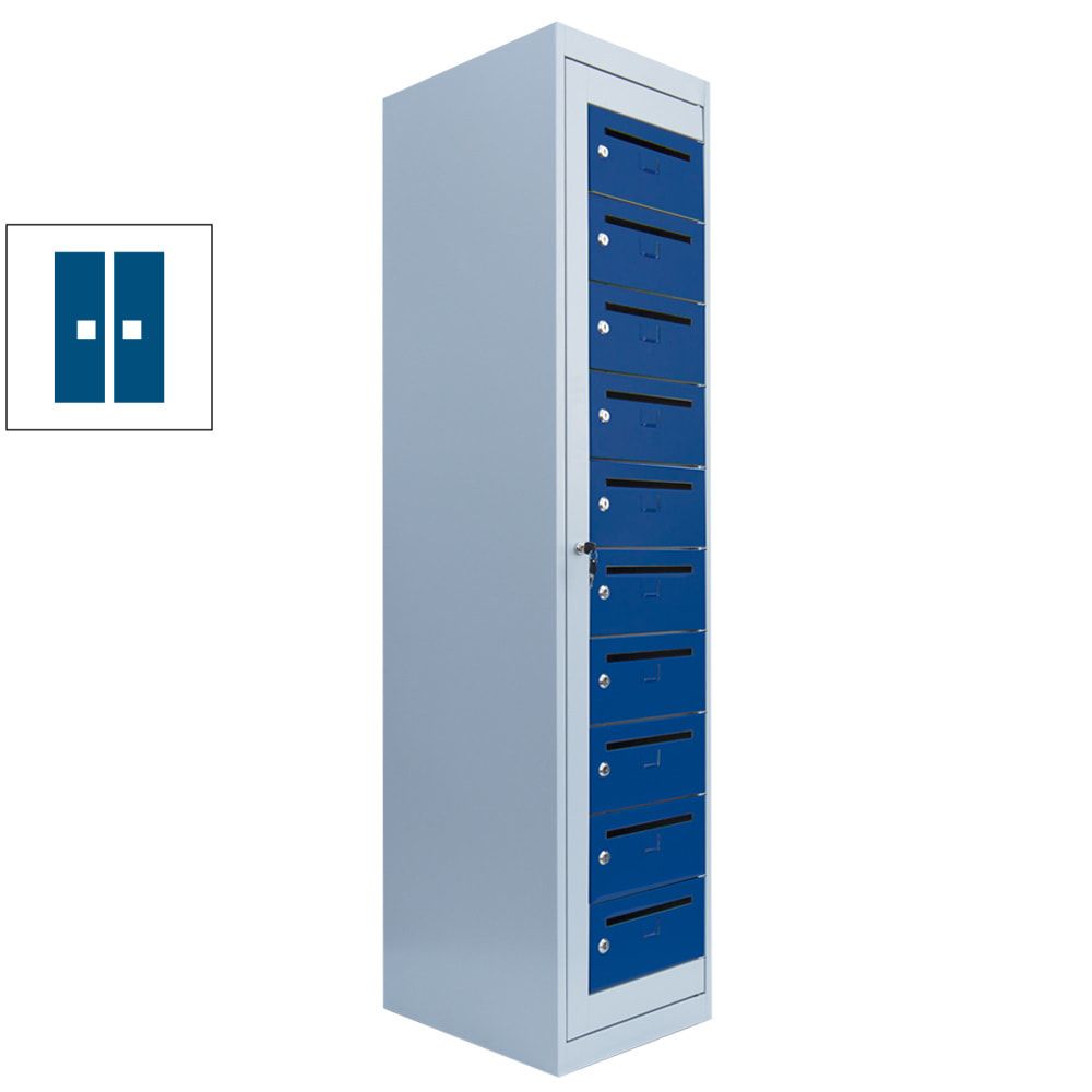 Postverteilerschrank, Ausgabeschrank, Fächerschrank, Zentraltür, 1 Abteil, 10 Fächer, 1.800 x 400 x 500 mm (HxBxT), Korpus lichtgrau, Front enzianblau