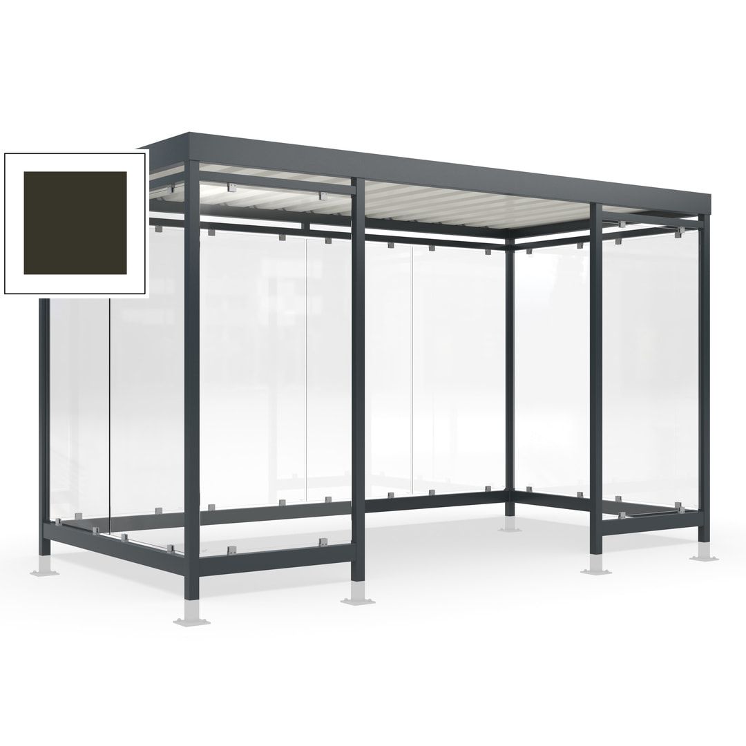 Raucherunterstand für 12-13 Personen, Bushaltestelle, mit Überpflasterung, 2.440 x 4.195 x 2.165 mm (HxBxT), 10 Wände, Achatgrau