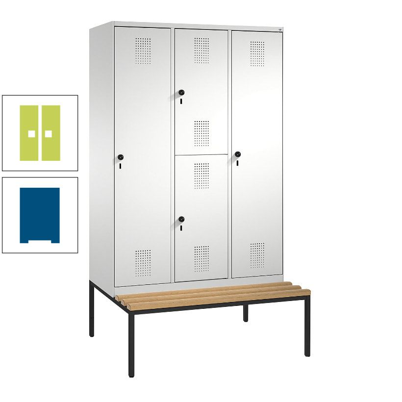 Garderobenschrank, Spind ein- und doppelstöckig Sitzbank, 3 Abteile, 4 Fächer, 2.090x1.200x500 mm (HxBxT), Front anthrazitgrau, Korpus anthrazitgrau