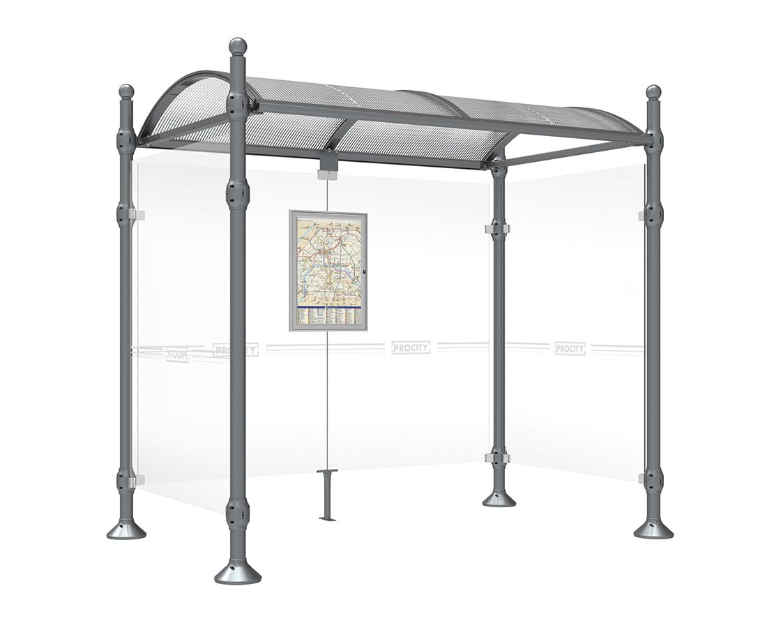 Buswartehalle, Unterstand, 2 Seitenwände, Kopf gebürsteter Edelstahl, ESG, Fahrplanschaukasten, 2.500 x 2.500 x 1.600 mm (HxBxT), Farbe enzianblau