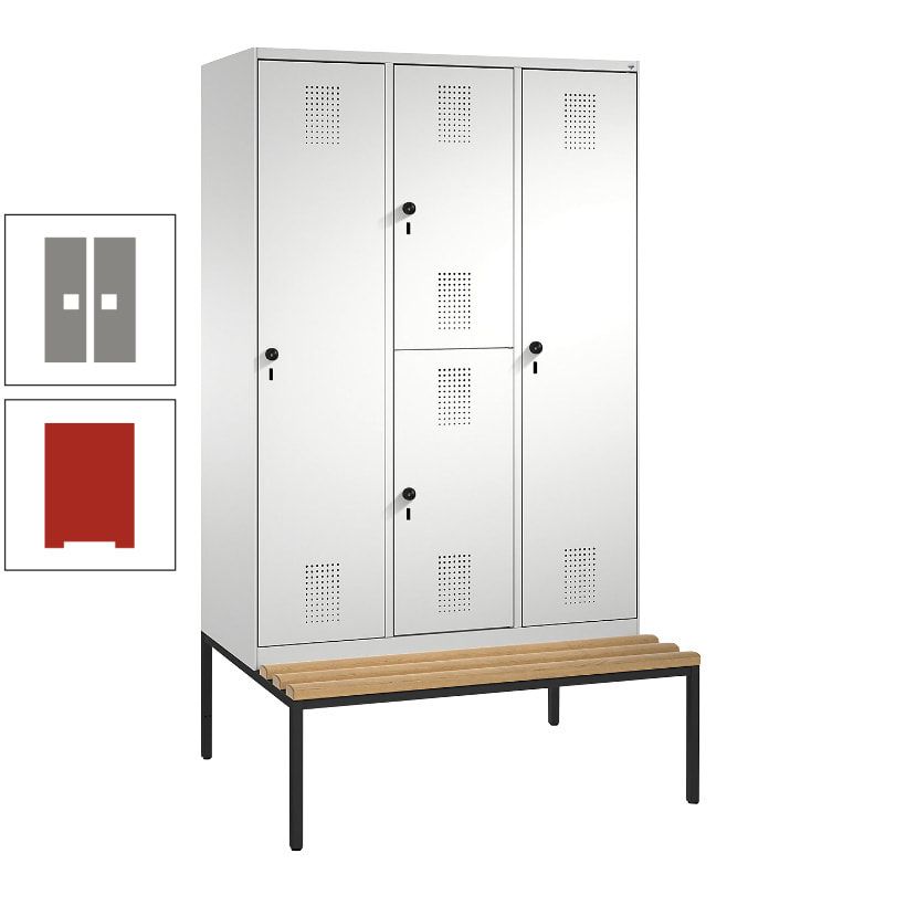 Garderobenschrank, Spind ein- und doppelstöckig Sitzbank, 3 Abteile, 4 Fächer, 2.090x1.200x500 mm (HxBxT), Front anthrazitgrau, Korpus anthrazitgrau