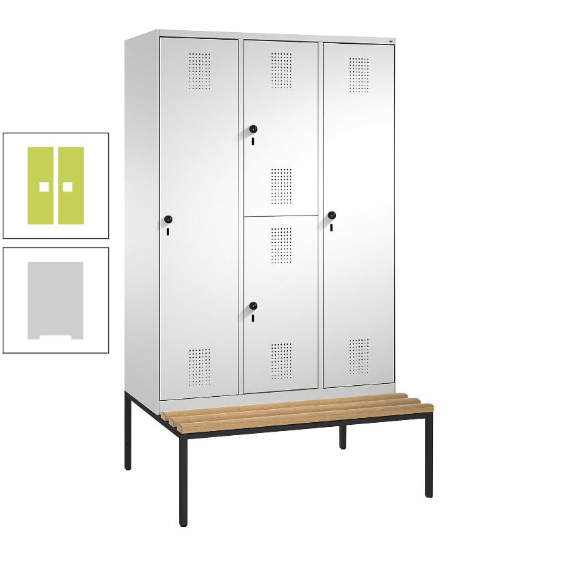 Garderobenschrank, Spind ein- und doppelstöckig Sitzbank, 3 Abteile, 4 Fächer, 2.090x1.200x500 mm (HxBxT), Front anthrazitgrau, Korpus anthrazitgrau