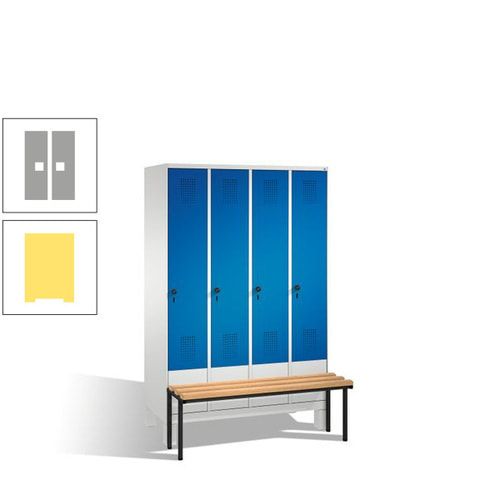 Stahl-Garderobenschrank, Spind, Buche Sitzbank vorgebaut, 4 Abteile a 300 mm, Korpus Lichtgrün, Tür Schwefelgelb, 1.850 x 1.200 x 815 mm (HxBxT)