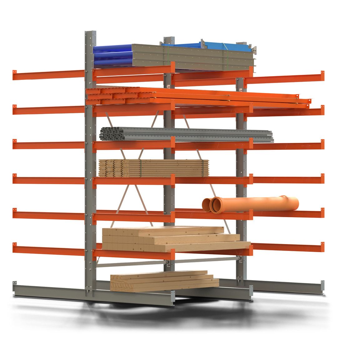 Doppelseitiges Kragarmregal, 2 Felder, 3.000 x 2.560 x 1.120 mm (HxBxT), Nutztiefe 500 mm, Kragarmlast 870 kg, KARL basic, silbergrau/reinorange