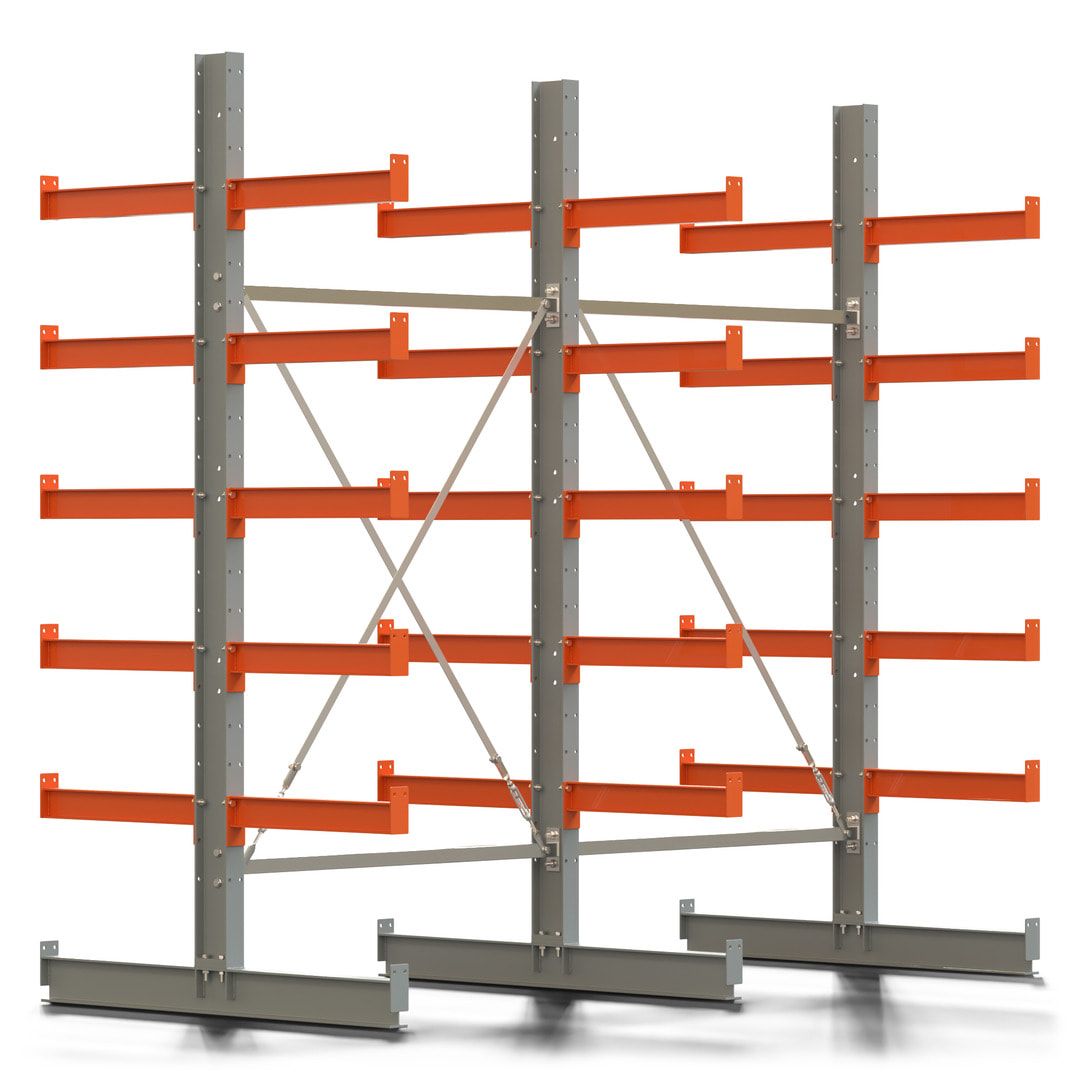 Doppelseitiges Kragarmregal, 2 Felder, 2.500 x 2.560 x 1.120 mm (HxBxT), Nutztiefe 500 mm, Kragarmlast 870 kg, KARL basic, silbergrau/reinorange