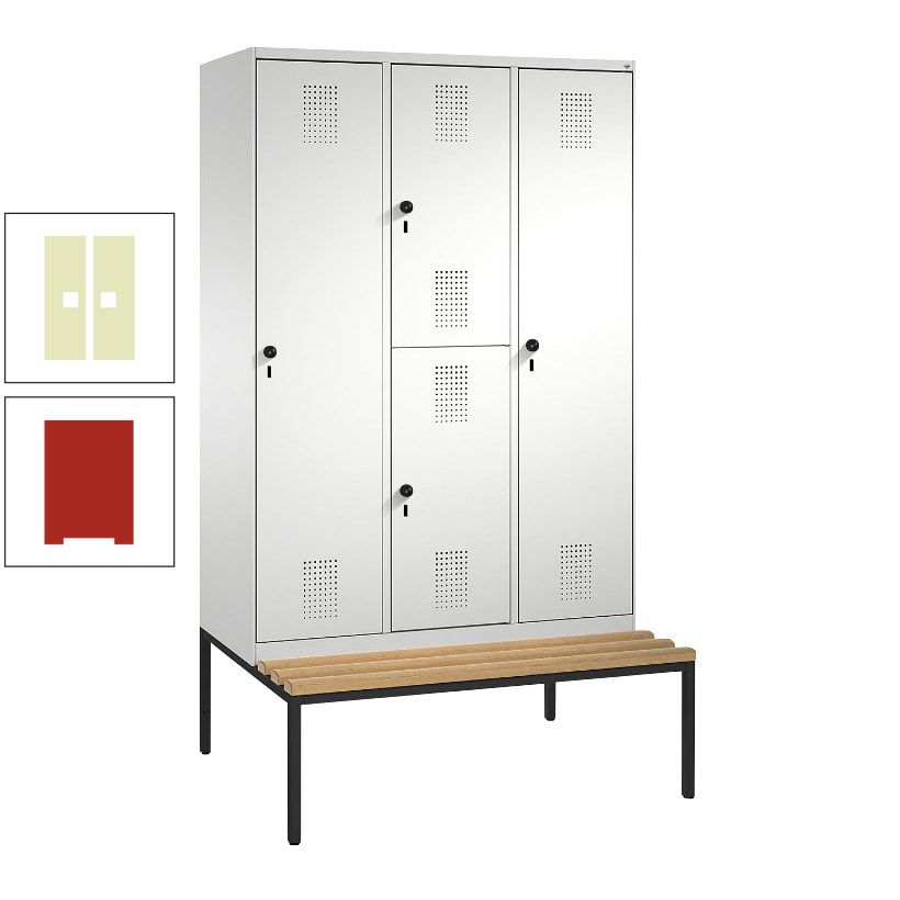 Garderobenschrank, Spind ein- und doppelstöckig Sitzbank, 3 Abteile, 4 Fächer, 2.090x1.200x500 mm (HxBxT), Front anthrazitgrau, Korpus anthrazitgrau