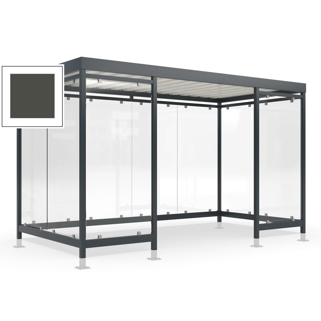 Raucherunterstand für 12-13 Personen, Bushaltestelle, mit Überpflasterung, 2.440 x 4.195 x 2.165 mm (HxBxT), 10 Wände, Achatgrau