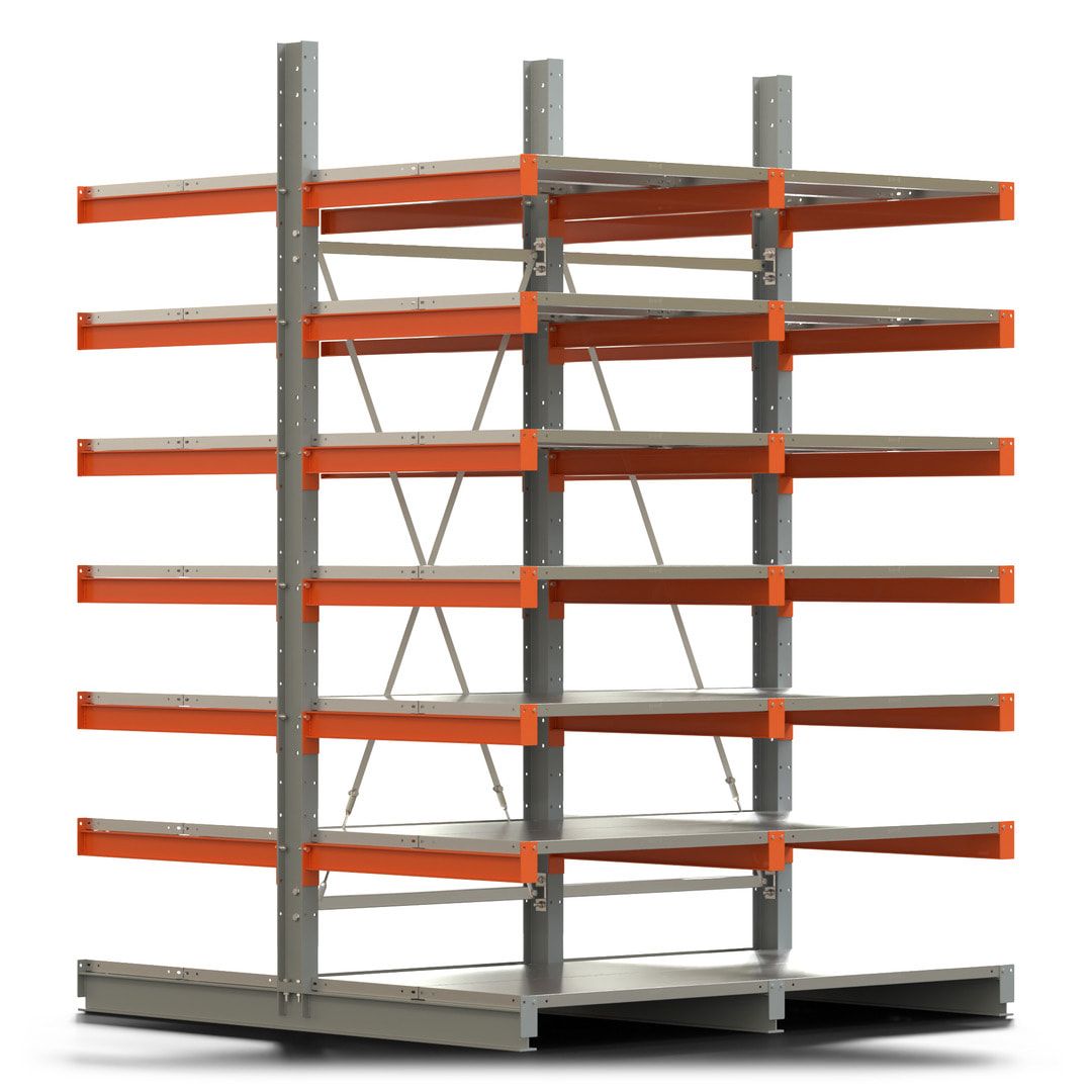 Doppelseitiges Kragarmregal mit Fachböden, 2 Felder, 3.000 x 2.000 (HxB), Nutztiefe 1.000 mm, Kragarmlast 450 kg, KARL basic, silbergrau/reinorange