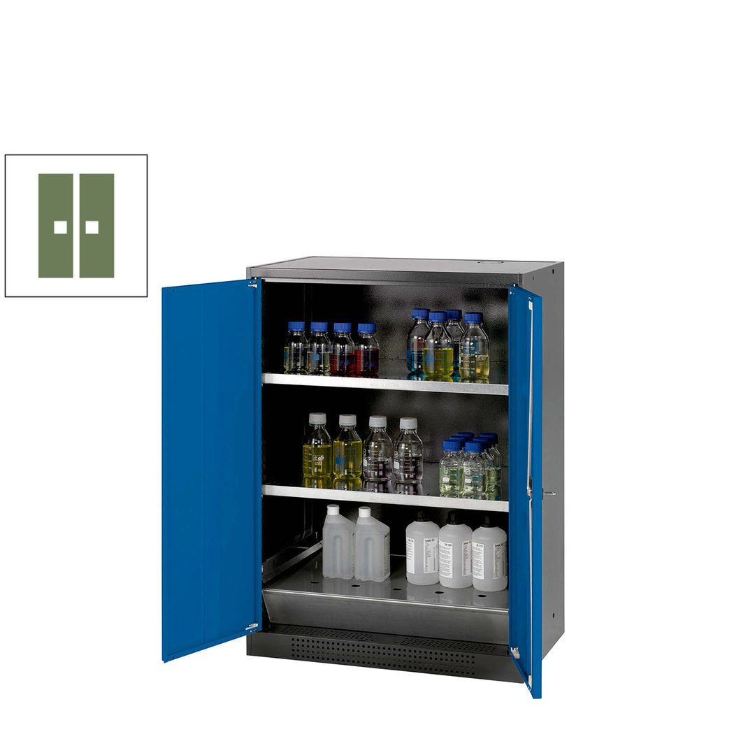 Chemikalienschrank - Flügeltüren, enzianblau - 2 Fachböden - 1.105 x 810 x 520 mm (HxBxT) - Stahl, pulverbeschichtet
