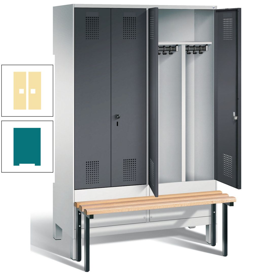 Doppel-Spind, Garderobenschrank, Buche Sitzbank vorgebaut, 4 Abteile a 300 mm, Korpus feuerrot, Tür Wasserblau, 1.850 x 1.200 x 815 mm (HxBxT)