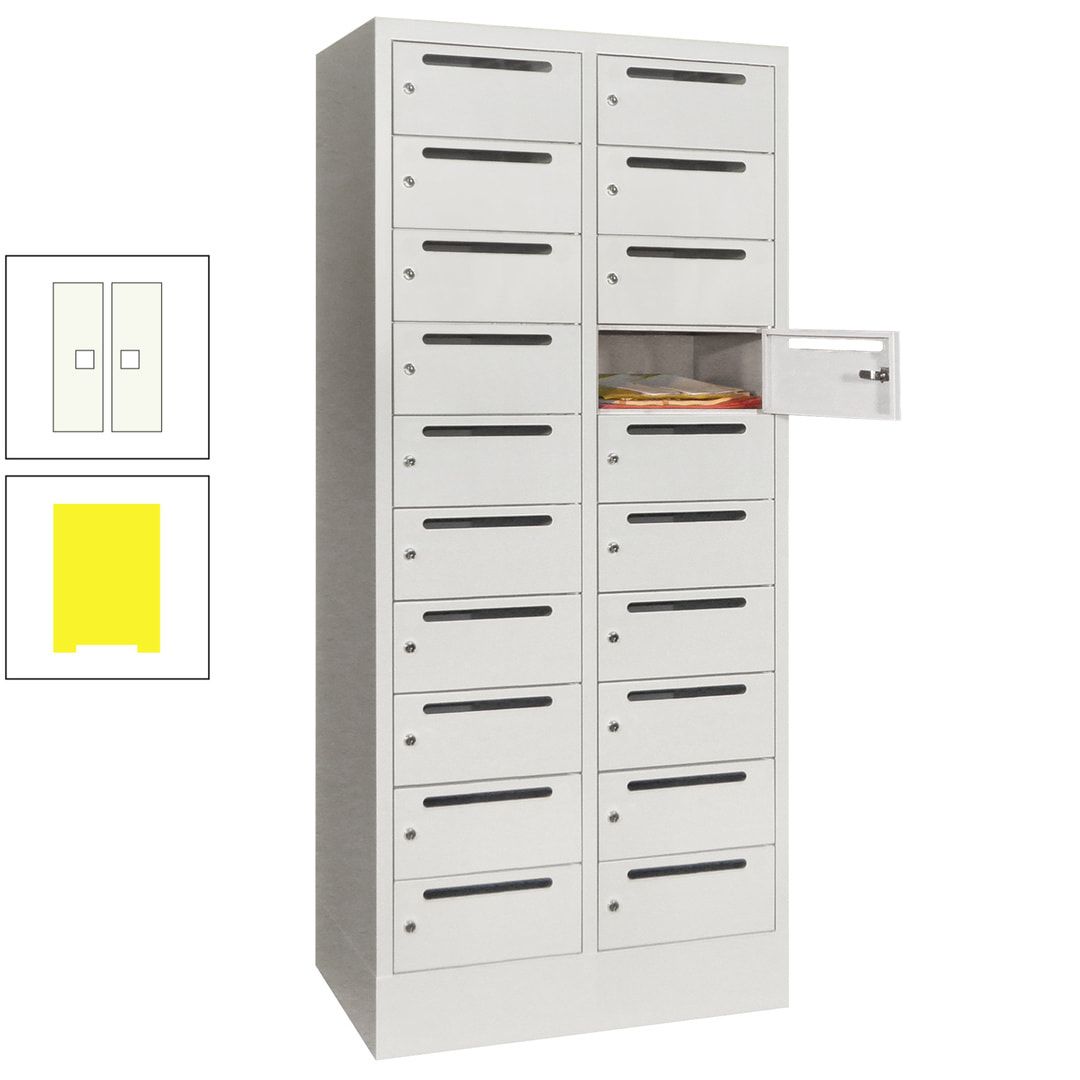 Postverteilerschrank, Schließfachschrank, 2 Abteile a 400 mm, 20 Fächer, 1.850 x 800 x 500 mm (HxBxT), Korpus anthrazitgrau, Front anthrazitgrau