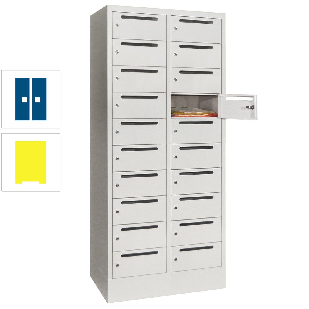 Postverteilerschrank, Schließfachschrank, 2 Abteile a 400 mm, 20 Fächer, 1.850 x 800 x 500 mm (HxBxT), Korpus anthrazitgrau, Front anthrazitgrau