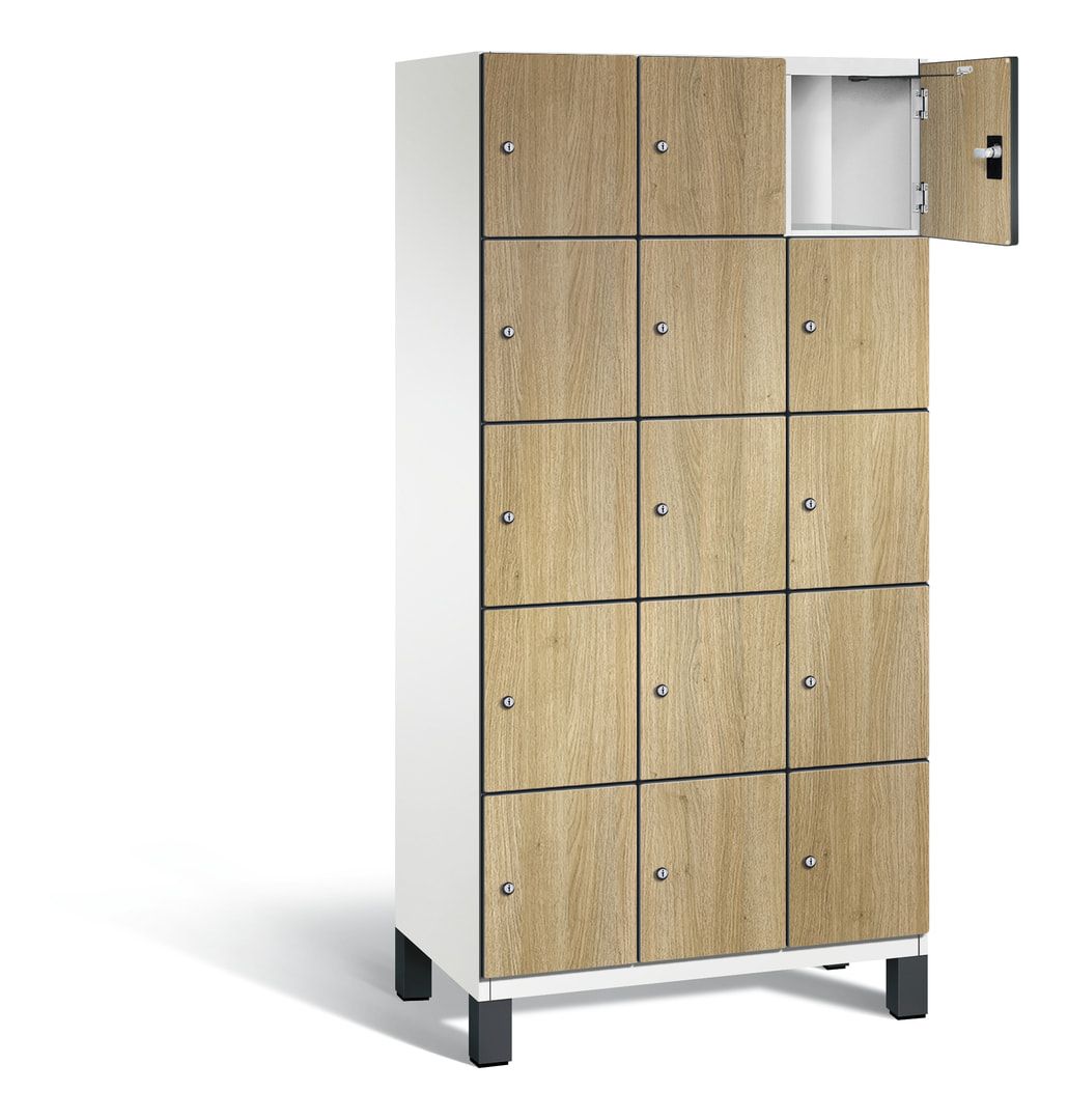 Fächerschrank, Stahlschrank, 15 Fächer, Türöffnungsbegrenzer, Füße, 1.980 x 900 x 525 mm, Korpus anthrazitgrau, Dekorfront HPL Donau-Ahorn