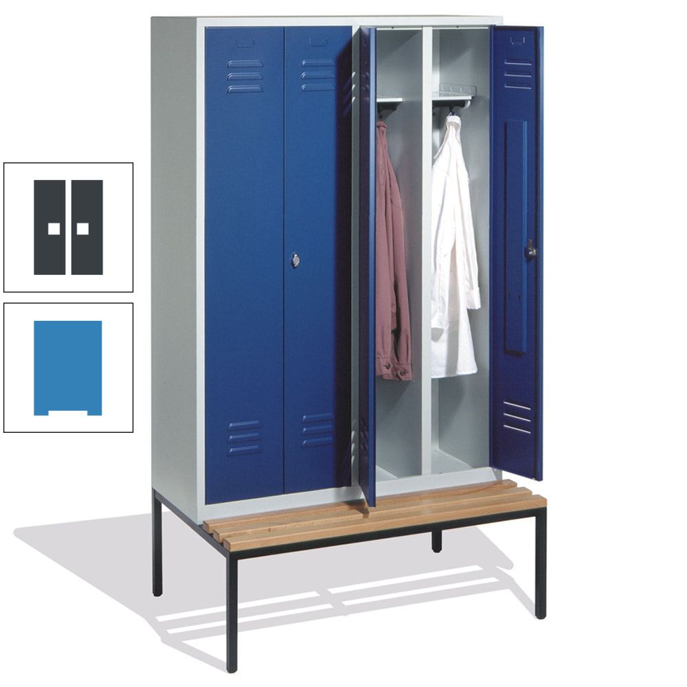 Doppel-Spindschrank, Buche Sitzbank untergebaut, 4 Abteile a 300 mm, Korpus lichtgrau, Tür anthrazitgrau, 2.090 x 1.190 x 815 mm (HxBxT)