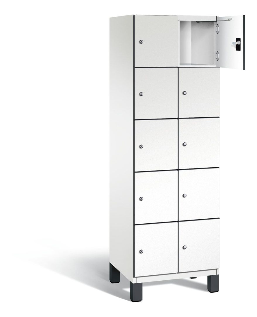 Fächerschrank, Stahlschrank, 10 Fächer, Türöffnungsbegrenzer, Füße, 1.980 x 600 x 525 mm, Korpus anthrazitgrau, Dekorfront HPL Donau-Ahorn