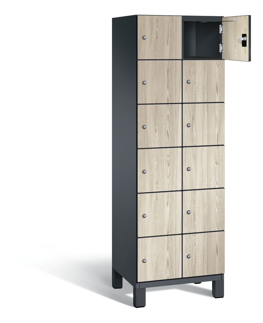 Fächerschrank, Stahlschrank, 12 Fächer, Türöffnungsbegrenzer, Füße, 1.980 x 600 x 525 mm, Korpus anthrazitgrau, Dekorfront HPL Donau-Ahorn