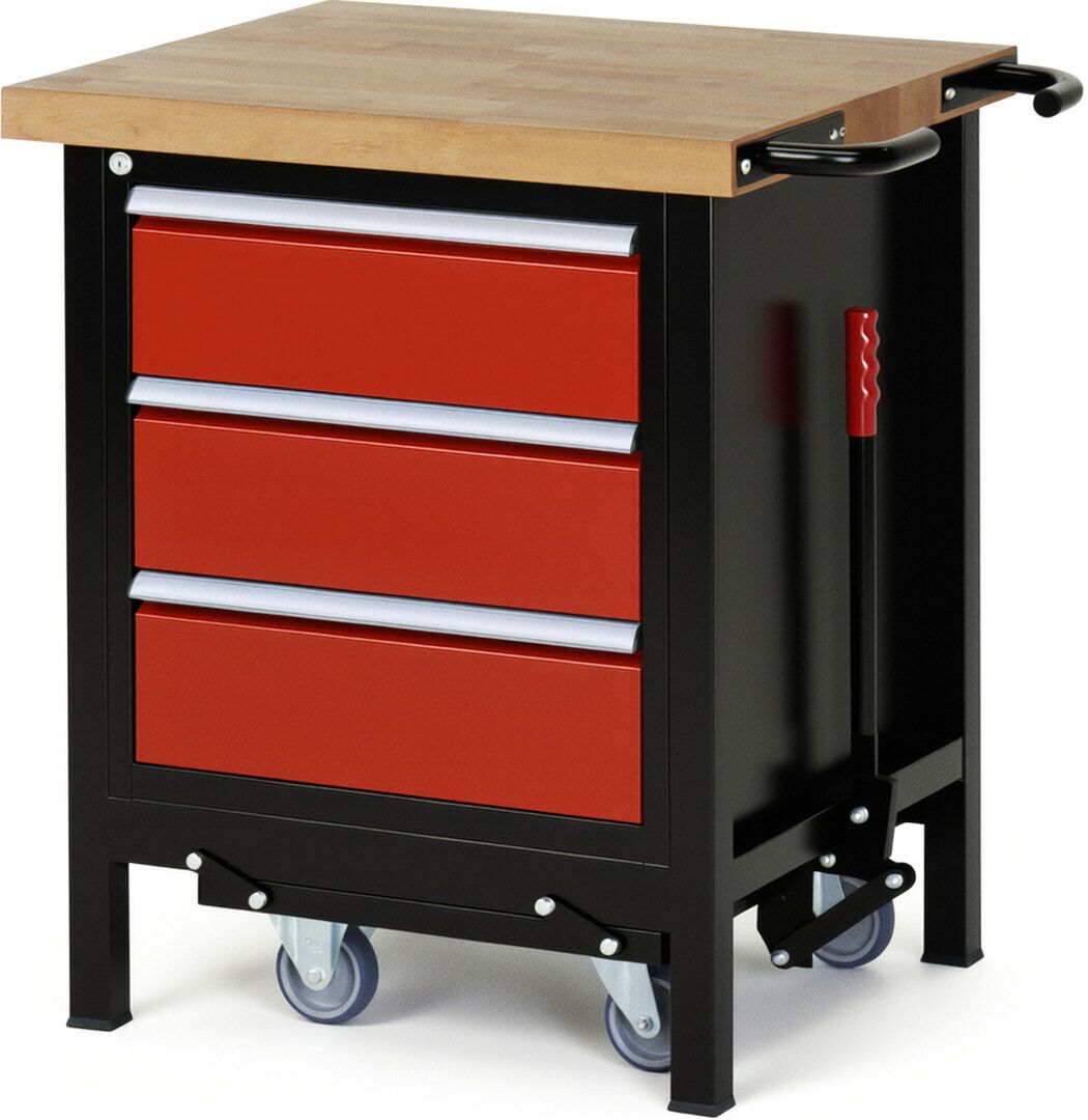 Mobile absenkbare Werkbank mit 3 Schubladen - Teilauszug - 180:3 - 880 x 750 x 700 mm (HxBxT) - 1,25 t - Buche - Anthrazitgrau