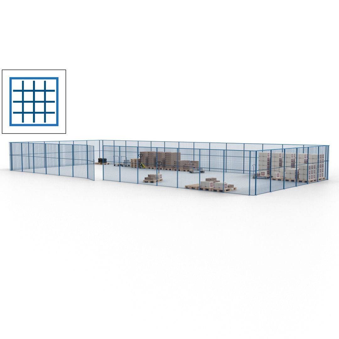 Maschinen Schutzgitter - Hallentrennwand - Sicherheitszaun - Tür - 60 m - 2.200 x 21.400 x 9.400 mm (HxBxT) - enzianblau