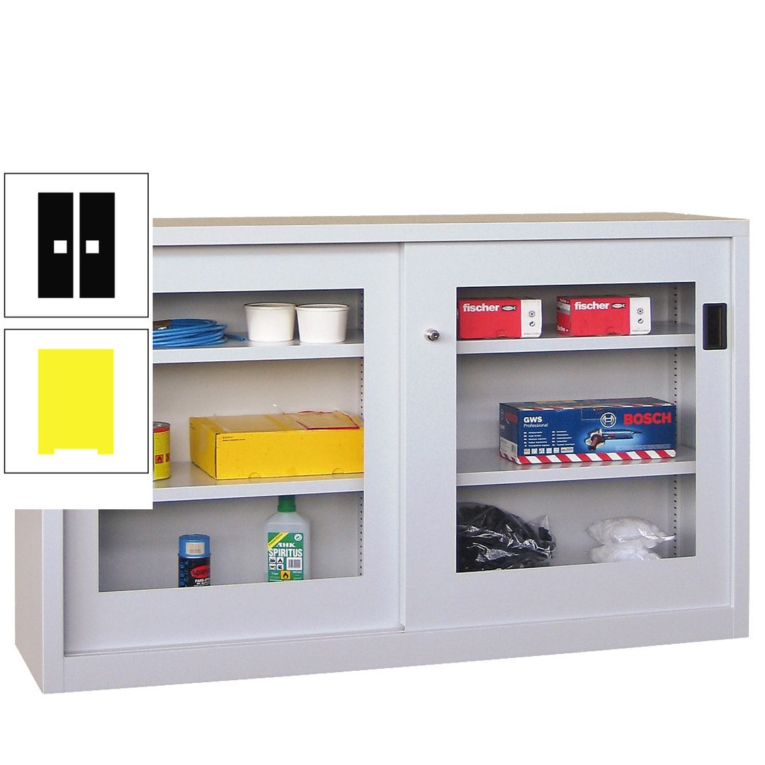 Schiebetürenschrank - Sichtfenstertüren - 1.000x1.500x600 mm (HxBxT) - 4 Böden, verzinkt - Zylinderschloss - anthrazitgrau