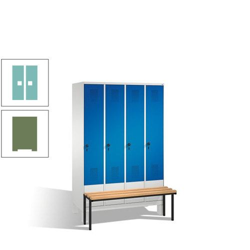 Stahl-Garderobenschrank, Spind, Buche Sitzbank vorgebaut, 4 Abteile a 300 mm, Korpus Lichtgrün, Tür Schwefelgelb, 1.850 x 1.200 x 815 mm (HxBxT)