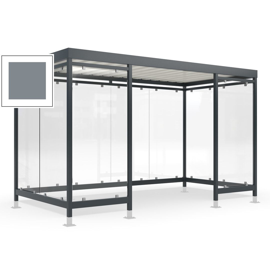 Raucherunterstand für 12-13 Personen, Bushaltestelle, mit Überpflasterung, 2.440 x 4.195 x 2.165 mm (HxBxT), 10 Wände, Achatgrau