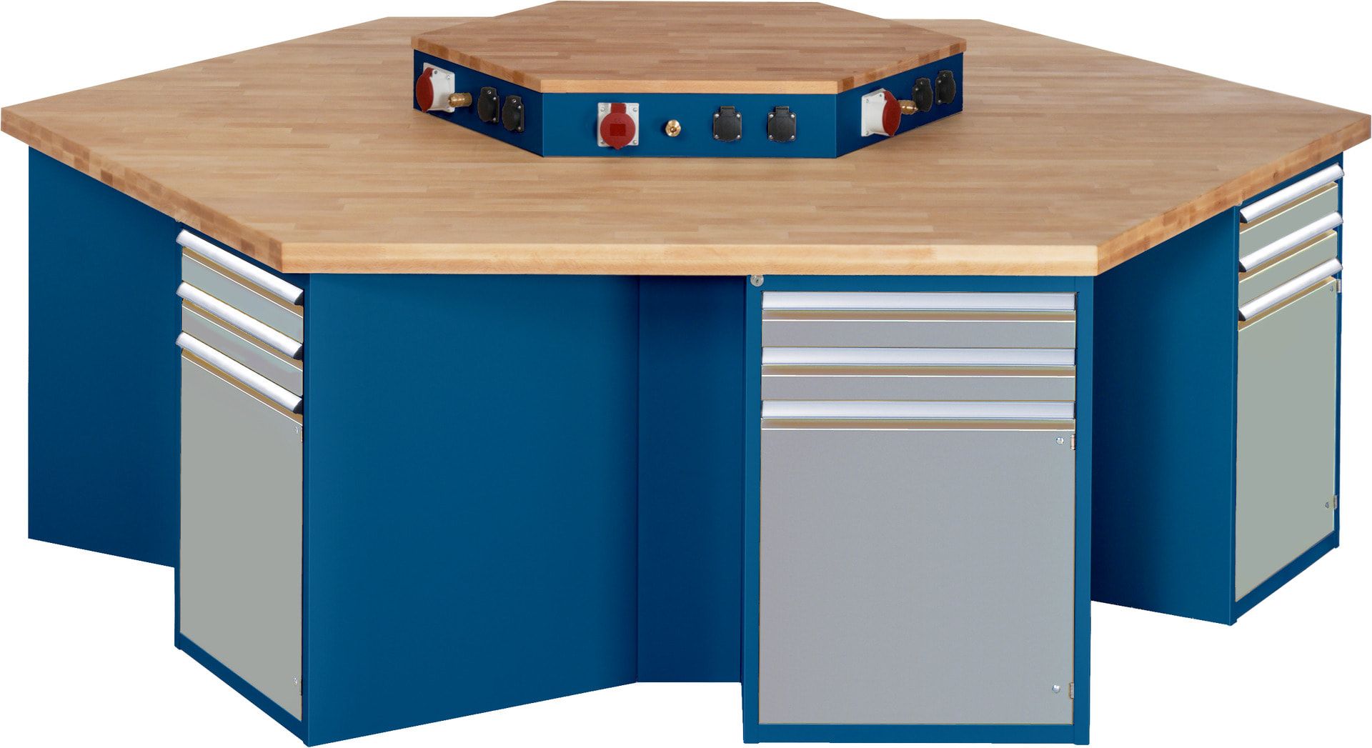 Gruppenwerkbank, Buche, Höhe 840 mm, mit Energieaufsatz, Unterbau-Container, 2 Schubladen, 1 Tür, 1 Boden - Anthrazitgrau