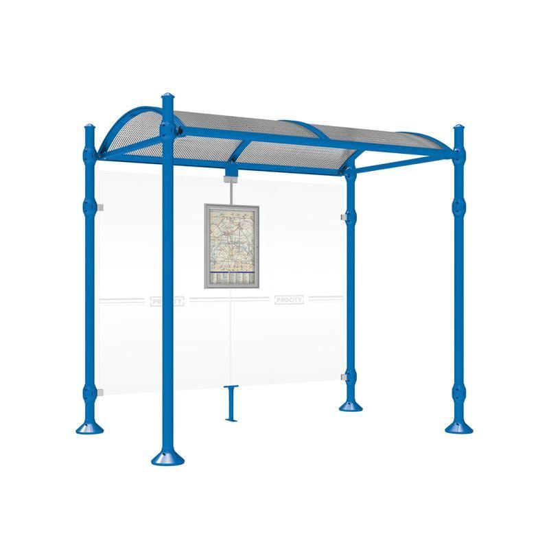 Buswartehalle, Unterstand, 2.500 x 2.500 x 1.600 mm (HxBxT), Kopfmodell Agora, ESG, Fahrplanschaukasten, Farbe enzianblau