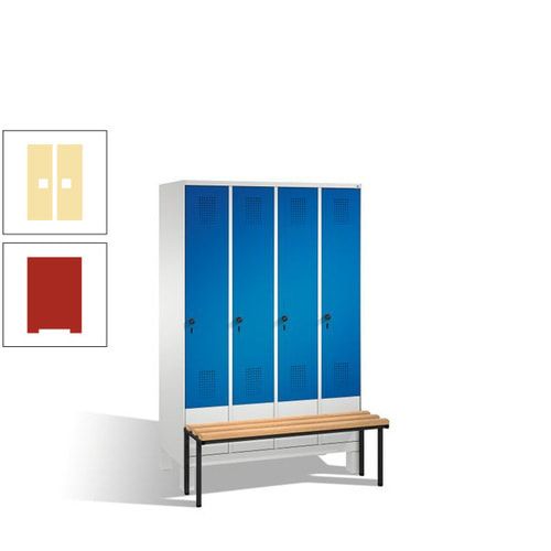 Stahl-Garderobenschrank, Spind, Buche Sitzbank vorgebaut, 4 Abteile a 300 mm, Korpus Lichtgrün, Tür Schwefelgelb, 1.850 x 1.200 x 815 mm (HxBxT)