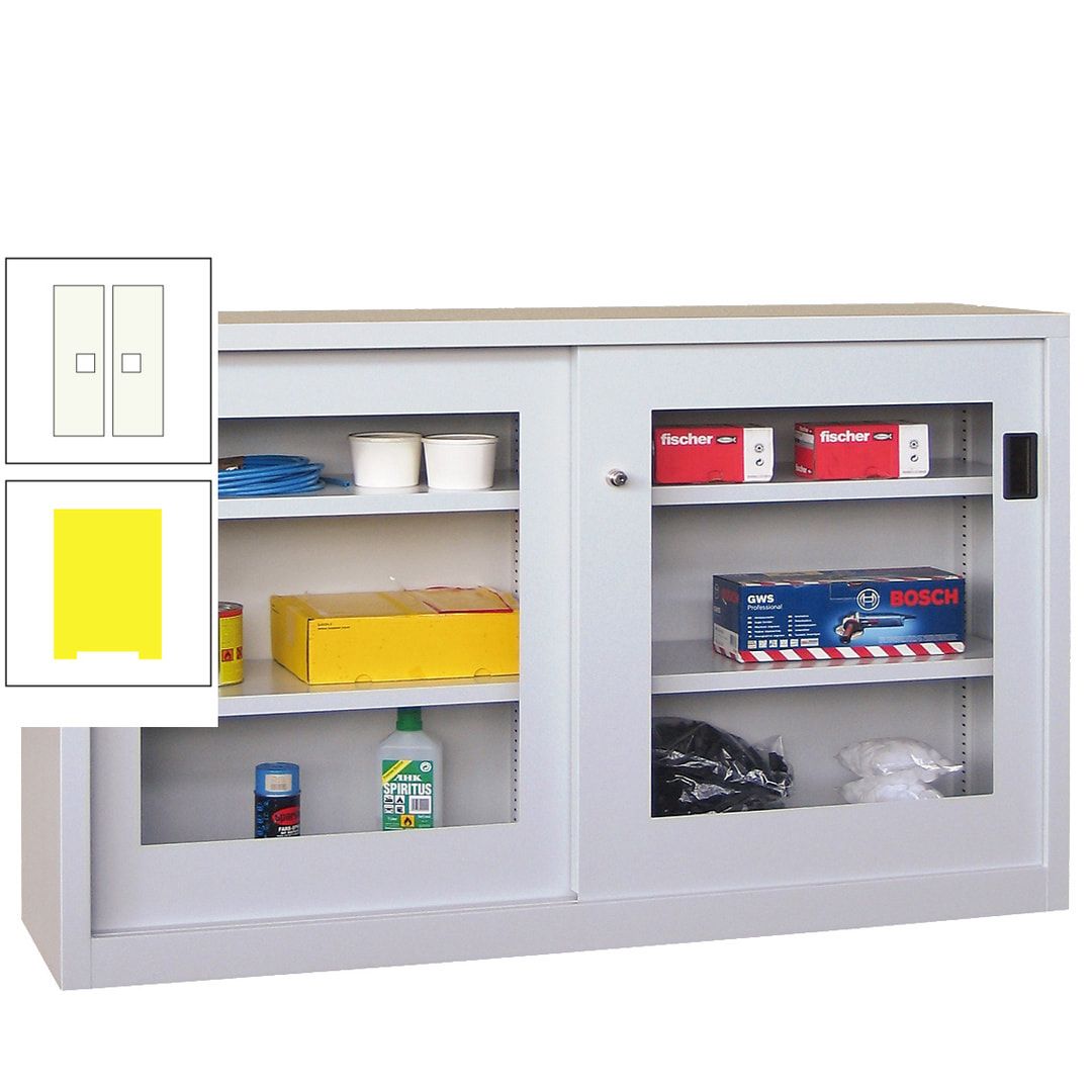 Schiebetürenschrank - Sichtfenstertüren - 1.000x1.500x600 mm (HxBxT) - 4 Böden, verzinkt - Zylinderschloss - anthrazitgrau