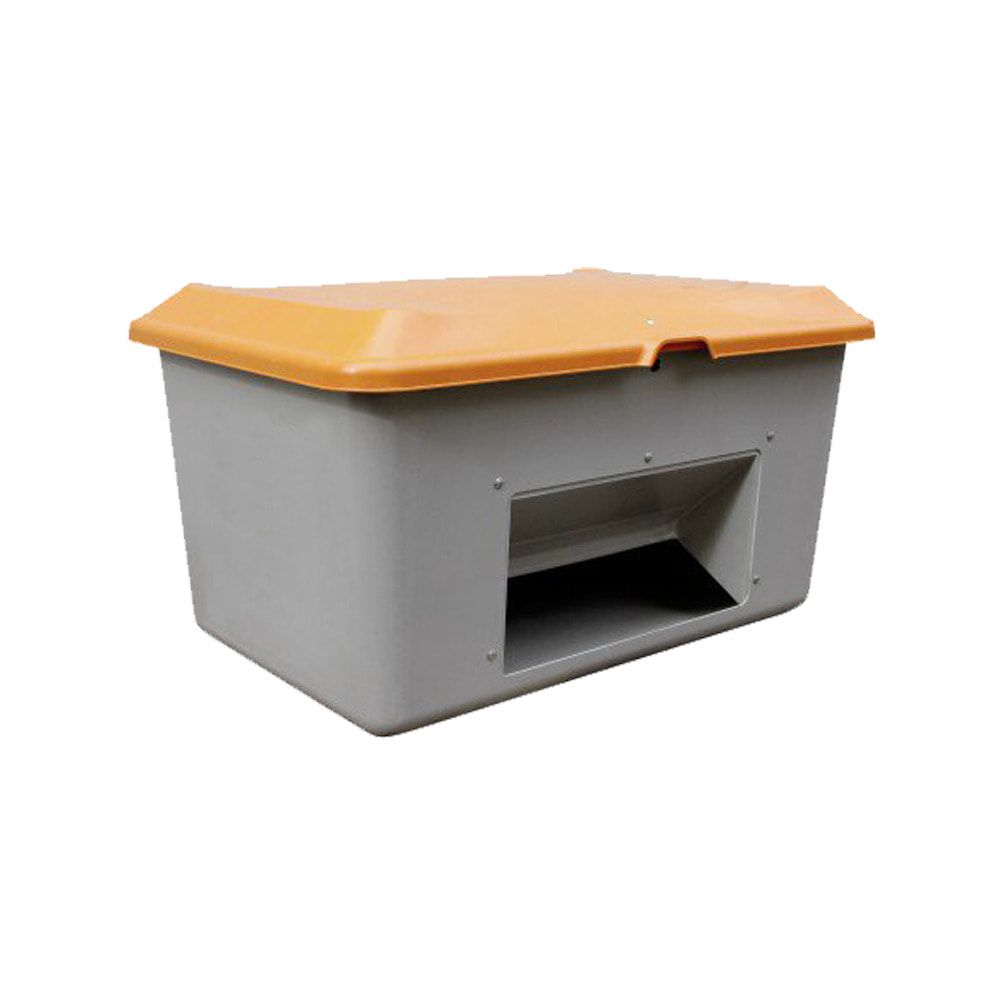 Streugutbehälter für Streusalz, Winterstreumittel, Futtermittel, mit Entnahmeöffnung, 400 l Volumen, 670 x 1.210 x 820 mm (HxBxT), grau/orange GFK