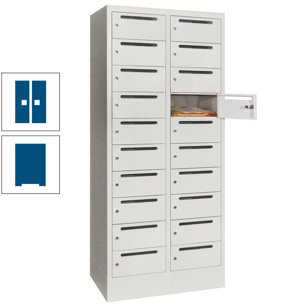 Postverteilerschrank, Schließfachschrank, 2 Abteile a 400 mm, 20 Fächer, 1.850 x 800 x 500 mm (HxBxT), Korpus anthrazitgrau, Front anthrazitgrau