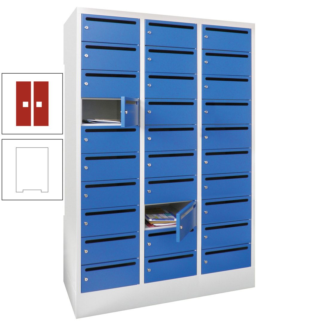 Postverteilerschrank, Schließfachschrank, 3 Abteile a 300 mm, 30 Fächer, 1.850 x 900 x 500 mm (HxBxT), Korpus anthrazitgrau, Front anthrazitgrau