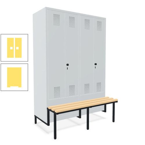 Doppel-Spind, Garderobenschrank, Buche Sitzbank integriert, 4 Abteile 300 mm, Korpus anthrazitgrau, Tür anthrazitgrau, 1.850 x 1.200 x 815 mm (HxBxT)