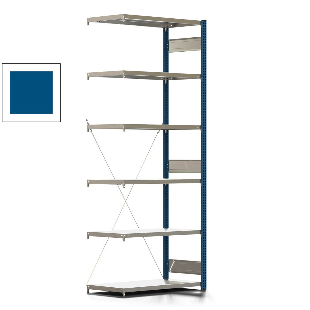 Fachbodenregal mit Tiefenriegel - 350 kg - 2.500 x 1.005 x 526 mm (HxBxT) - Anbauregal - 6 Böden - enzianblau - Lagerregal - Steckregal BERT