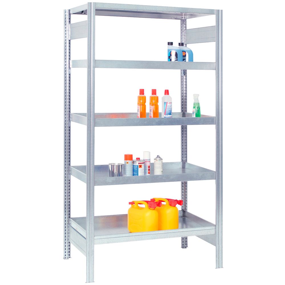 Umweltregal. Kleingebinderegal mit 4 Fachwannen a 20 Liter, 2.000 x 1.005 x 626 mm (HxBxT), 5 Ebenen, Anbauregal, verzinkt, Steckregal BERT